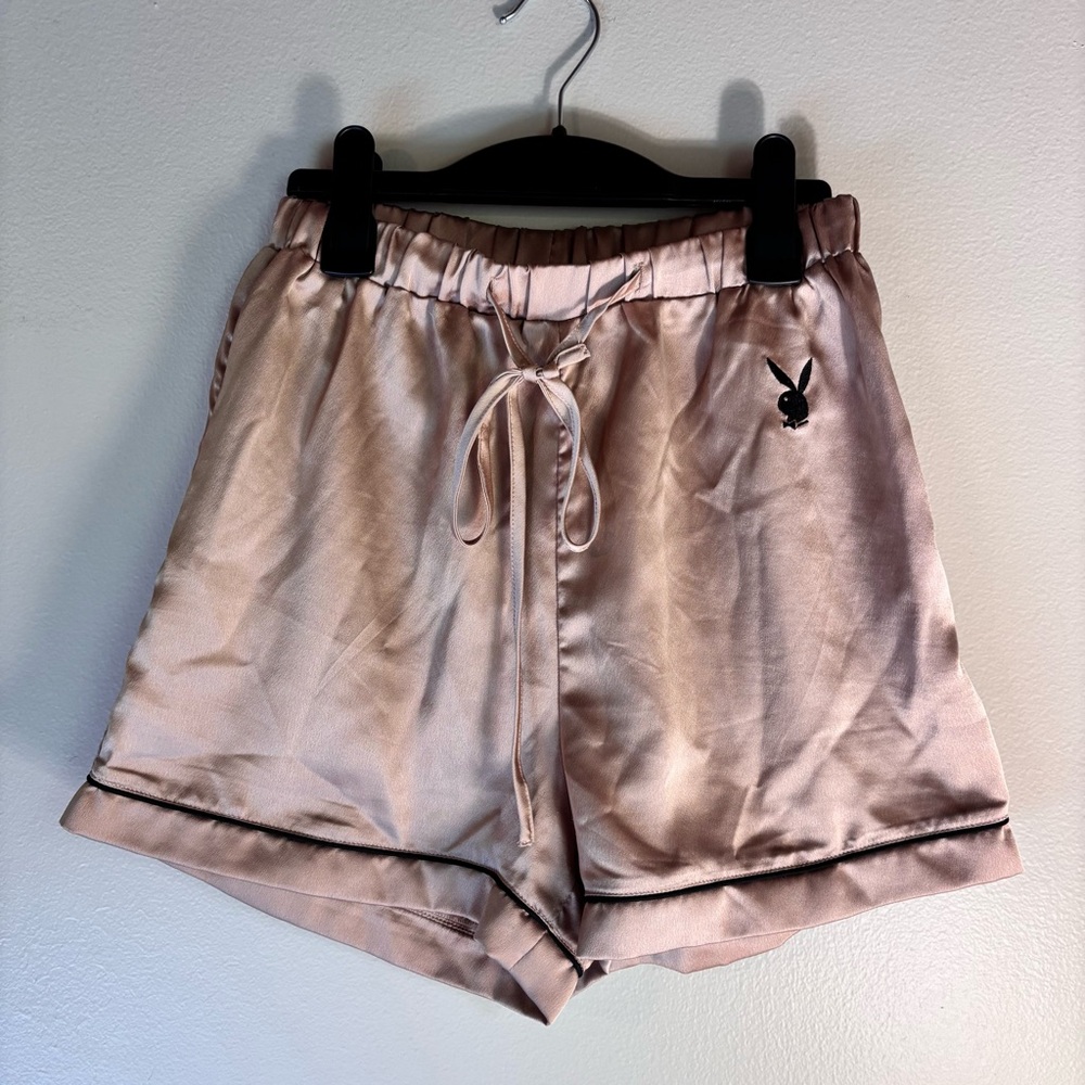 PLAYBOY Missgided Champagne Satin Feel Lounge Shorts with Black Trim